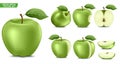 Green Apple Fruit Ripe Realistic 3D Food Vector Set. Whole Half and Sliced Version Royalty Free Stock Photo