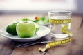 Green apple, a glass of water and a measuring tape on the table close-up, lettuce leaf salad. Generative AI Royalty Free Stock Photo