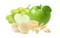 Green apple, grapes, bananas and oat ears isolated on white background Royalty Free Stock Photo