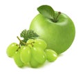 Green apple and grapes with leaves isolated on white background Royalty Free Stock Photo