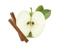 Green apple half cut with cinnamon sticks isolated Royalty Free Stock Photo