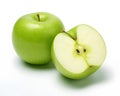 Green apple halves and green apple fruit high detail on white background Royalty Free Stock Photo