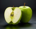 Green apple halves and green apple fruit high detail on black background