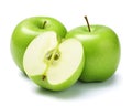 Green apple halves and green apple fruit high detail on white background