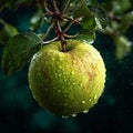 A green apple hanging from a tree branch with water droplets on it Royalty Free Stock Photo