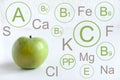 Green apple. Infographic with vitamins and minerals in a green apple. Illustration for a blog with a wholesome food. Useful fruits Royalty Free Stock Photo