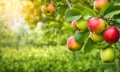 Green apple-laden tree focal point, lush garden