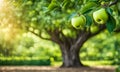 Green apple-laden tree focal point, lush garden