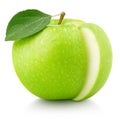 Green apple with leaf and cut isolated on white Royalty Free Stock Photo