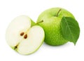 Green apple with leaf and half on white Royalty Free Stock Photo