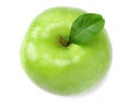 green apple with leaf isolated on white background. one apple. top view Royalty Free Stock Photo