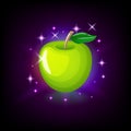 Green apple with leaf, slot icon for online casino or logo for mobile game on dark purple background, vector