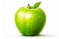 Green apple with leaf on top of it with water droplets. Generative AI Royalty Free Stock Photo