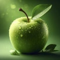 green apple with leave on green background. ai generative