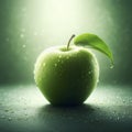 green apple with leave on green background. ai generative