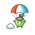 Green apple mascot cartoon is skydiving with happy gesture