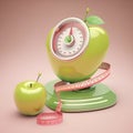 Green apple with measuring tape and apple on scales. Diet concept.