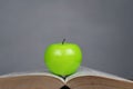 Green apple on the open book at gray blackground and space for inserting text Royalty Free Stock Photo