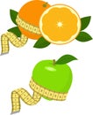 Green apple and orange with measurement. Raster Illustration on white. Healthy diet concept.