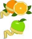 Green apple and orange with measurement. Vector Illustration on white. Healthy diet concept.