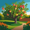 Green apple orchard with harvest as summer landscape. Vector illustration 10 eps Royalty Free Stock Photo