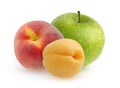 Green apple, Peach and apricot on a white background.