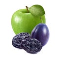 Green apple, plum and prunes isolated on white background