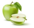 Green apple. Realistic whole or half fruit with leaf. Healthy food. Natural product. Diet snack. Ripe plant meal