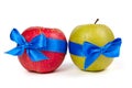 Green apple and red apple with blue ribbons Royalty Free Stock Photo