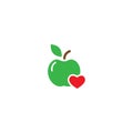 Green apple with red heart icon. Flat pictogram isolated on white. Vector illustration. Healthy food logo. Royalty Free Stock Photo