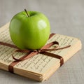 A green apple rests atop a stack of handwritten letters. The letters are bound together Royalty Free Stock Photo