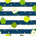Green apple and slices withleaves, flat vector illustration, over white and blue stripes and golden stars, background, seamless pa Royalty Free Stock Photo
