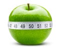 Green apple and soft or flexible tape measure for sewing tailor cloth ruler. Green apple for fat body weight loss Royalty Free Stock Photo