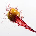 Green apple and splash of red juice on white background. Royalty Free Stock Photo