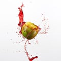 Green apple and splash of red juice on white background. Royalty Free Stock Photo