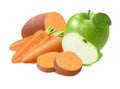 Green apple, sweet potato and carrot isolated on white background. For baby food package design