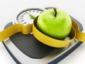 Green apple and tape measure on weight scale Royalty Free Stock Photo