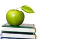 Green apple on textbook isolated