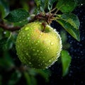 A green apple with water droplets on it hanging from a tree branch Royalty Free Stock Photo