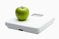 Green apple on a weighing scale