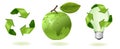 Green apple with world map and ecology icons. Royalty Free Stock Photo