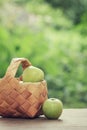 Green apples in a birchbark basket