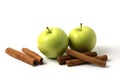 Green apples and cinnamons isolated on white background