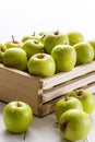 Green apples in crate close up on white background with selective focus Royalty Free Stock Photo