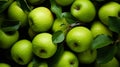 Green apples with green leafs. Diet healthy food. For advertising, banner, poster, site. AI generated