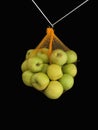 Green apples in a grid isolated on black. Ripe fruits in a string bag. Apple variety Royalty Free Stock Photo