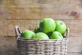 Green Apples - Harvest apple in the basket on wooden background Royalty Free Stock Photo