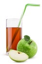 Green apples with leaf and slice. Glass of fresh apple juice straw green striped Royalty Free Stock Photo