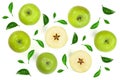 Green apples with slices decorated with leaves isolated on white background top view. Flat lay pattern Royalty Free Stock Photo