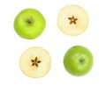 Green apples with slices isolated on white background top view. Set or collection. Flat lay pattern Royalty Free Stock Photo